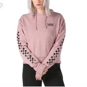 Vans Women's Light Pink Hoodie with Black Checkered Sleeves